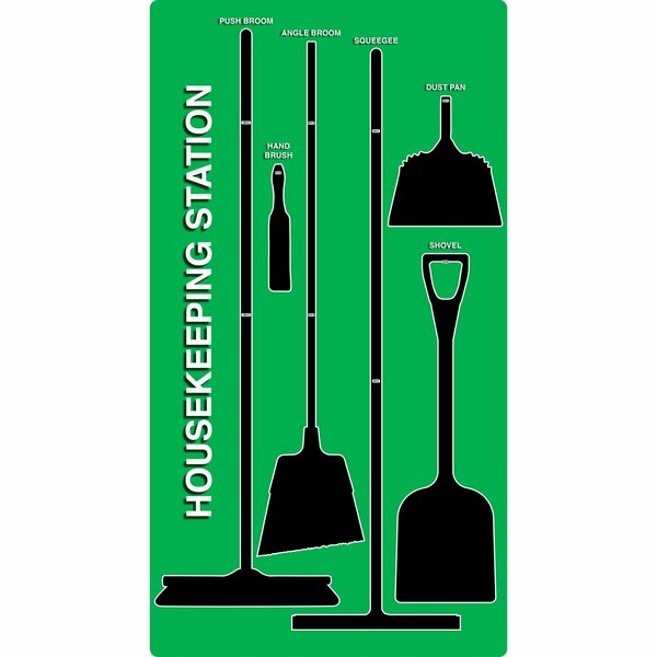 5S Supplies 5S Housekeeping Shadow Board Broom Station Version 8- Green Board / Black Shadows  With Broom HSB-V8-GREEN-KIT